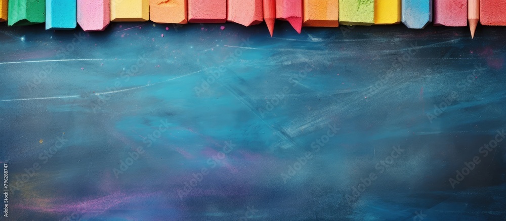 Poster close-up of colorful chalkboard with assorted pencils