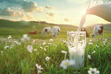 Pouring fresh milk from pitcher into glass