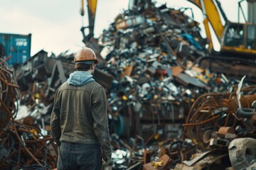 A man standing in front of a pile of junk. Suitable for industrial and environmental concepts
