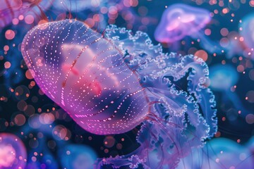 A group of jellyfish floating in the water. Ideal for marine life concepts - obrazy, fototapety, plakaty
