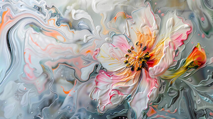 Fluid abstract expressionism, blooming flowers, Aesthetics colorful floral inspirational tenderness illustration, oil paint, Wall decoration photo, Generated AI.