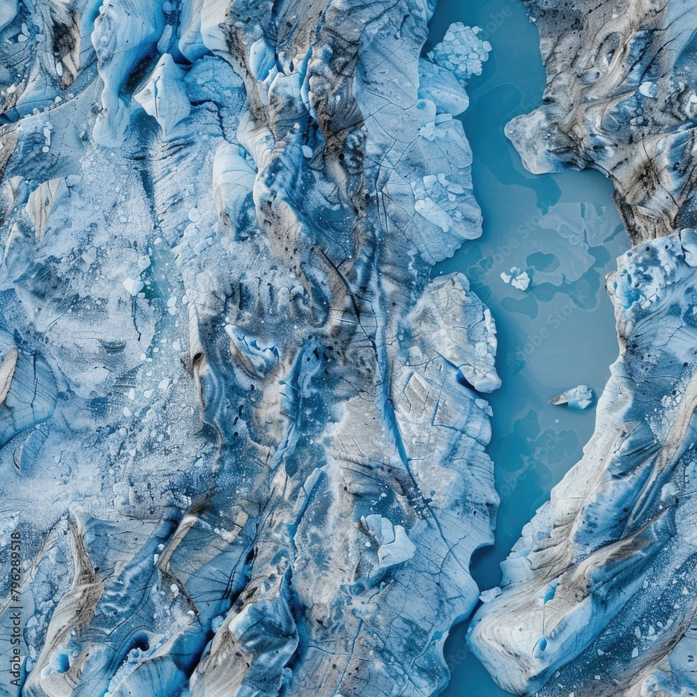Poster a stunning aerial view of a glacier with a river flowing through it. perfect for environmental or tr