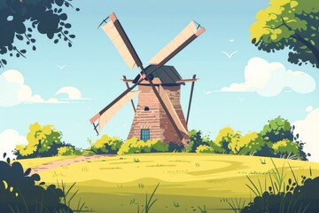 A cartoon windmill standing in a field. Suitable for educational materials