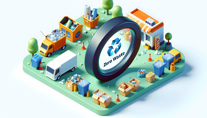 3D Flat Icon Illustrating Zero Waste Initiatives with Magnifying Glass in Isometric Scene