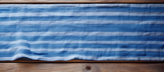 Wooden table with blue and white striped runner