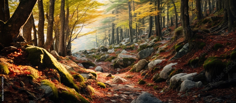 Aufkleber path through dense forest with rocks and trees