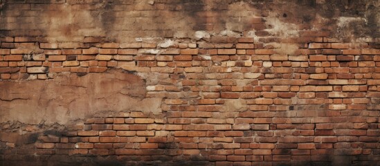 Old, weathered brick wall with numerous cracks and peeling paint