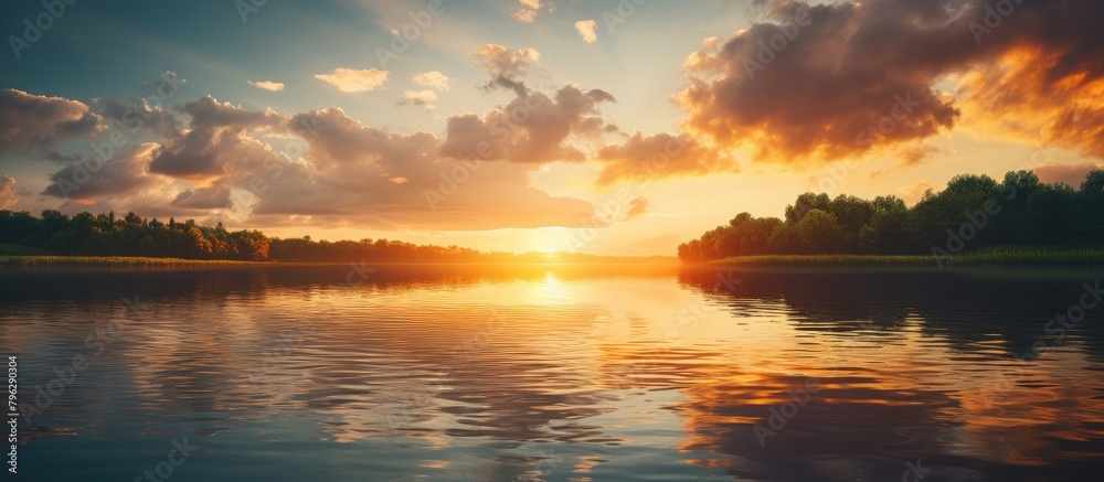 Poster a serene lake at sunset with clouds and trees