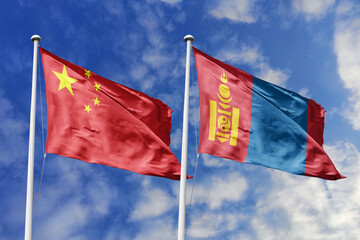 3d illustration. China and Mongolia Flag waving in sky. High detailed waving flag. 3D render. Waving in sky. Flags fluttered in the cloudy sky.