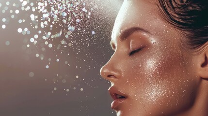 refreshing facial mist being sprayed onto a glowing complexion, with water droplets sparkling in the air. 