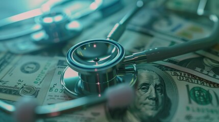 A stethoscope placed on a stack of money, suitable for finance or healthcare concepts