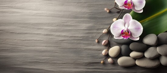 Two orchids, rocks on table