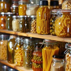 Organized Home Pantry with Tidy Containers and Products: Cooking, Pasta, Bottles, and More 