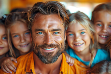 Fototapeta premium A man with a beard and blue eyes smiles at a group of children. children are all smiling back at him. group of elementary school teacher and students hugging smiling at camera, standing in classroom
