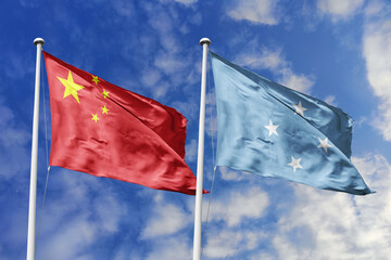3d illustration. China and Micronesia Flag waving in sky. High detailed waving flag. 3D render....