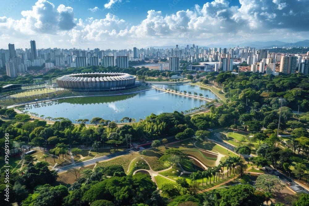 Aufkleber aerial view of a city with a serene lake in the foreground. ideal for urban landscape concepts