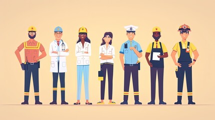 A Group of People in different Professions. Construction worker, Female Doctor, Policeman, Chef woman, Fireman standing together celebrate day. Flat style vector illustration AI generated