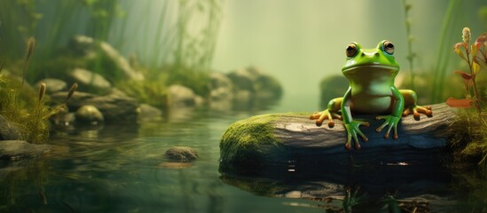 Frog on rock in water - obrazy, fototapety, plakaty