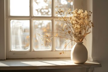 Sunlit room window with dried plant empty space for text or design. Concept Home Decor Inspiration, Natural Lighting, Minimalist Design, Botanical Decor, Creative Display