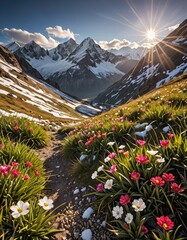 Beautiful mountain landscape with snow and flowers with sun in blue sky - obrazy, fototapety, plakaty