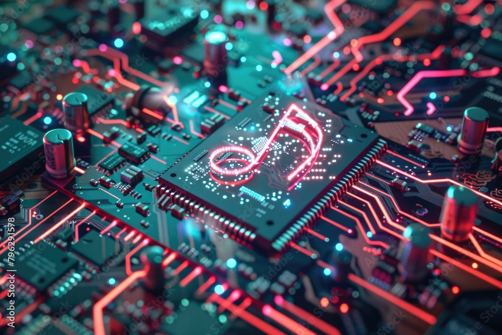 Poster close up of a circuit board with neon lights, great for technology concepts