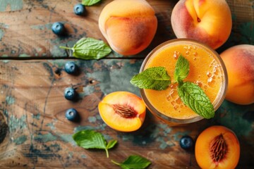 Delicious Peach Smoothie with Fresh Fruits on Wooden Background - Top View of Blended Beverage - obrazy, fototapety, plakaty