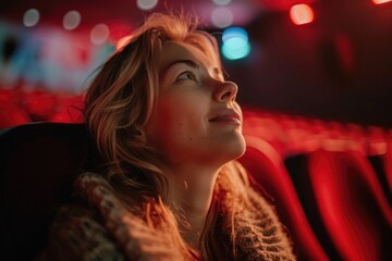 woman watching movie in cinema, eating popcorn. ai generated - obrazy, fototapety, plakaty