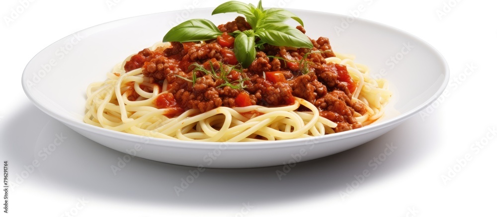 Poster plate of spaghetti with beef and basil