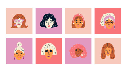 Bundle with faces of various women. Postcard concept for March 8, feminist concept. Vector illustration for postcard, cover, t shirt.