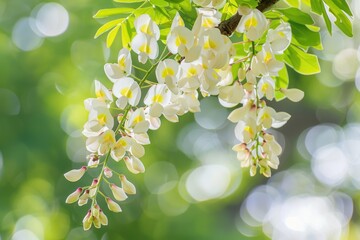 Black Locust Blossoming in Springtime: Bright and Botanical Acacia Flowers Hanging on Tree Branch