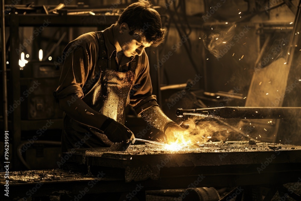 Poster A man working on a piece of metal. Suitable for industrial concepts