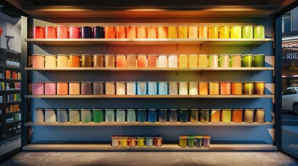 vibrant and eye-catching product display of colorful paint cans, neatly arranged on shelves and illuminated by warm lighting, creating a welcoming and inviting atmosphere. 