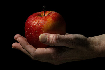 Close up image of hand hold ripe red apple made with generative ai technology