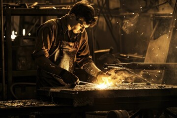 A man working on a piece of metal. Suitable for industrial concepts