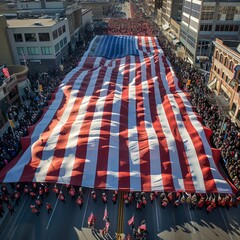 Amidst a festive parade, a giant roll of a nations flag is prominently displayed, representing patriotism and pride 8K , high-resolution, ultra HD,up32K HD - obrazy, fototapety, plakaty