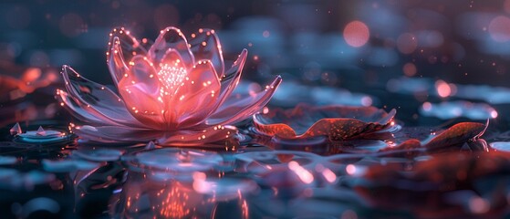 Amidst a dreamlike setting, a clear crystal lotus flower shines with glowing neon lights from its center, surrounded by vibrant soft colors and bathed in cinematic lighting, creating a magical and enc - obrazy, fototapety, plakaty