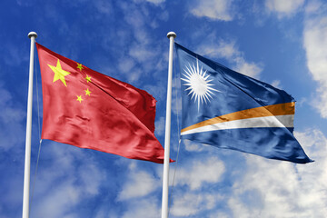 3d illustration. China and Marshall Islands Flag waving in sky. High detailed waving flag. 3D...