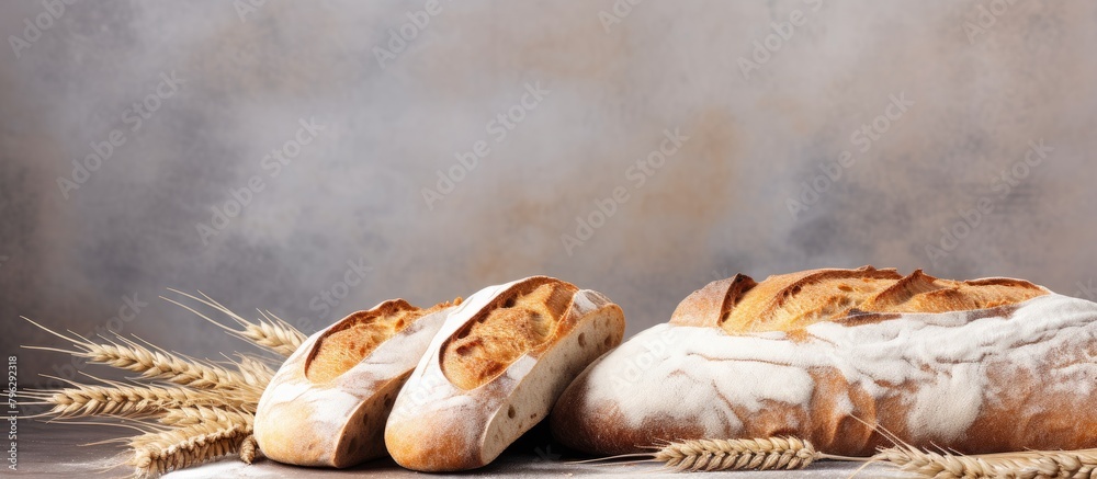 Poster two bread loaves on a table with wheat
