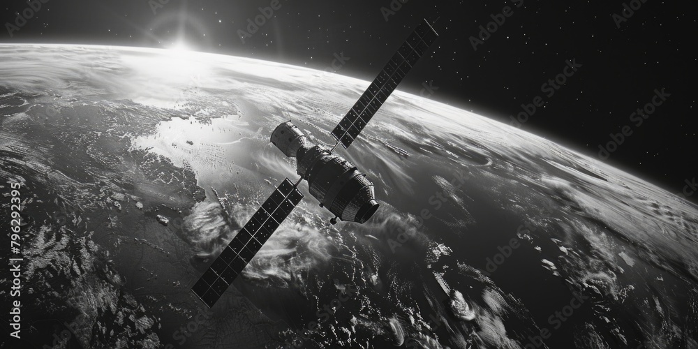 Aufkleber A satellite floating in space with the sun shining in the background. Perfect for science and technology concepts