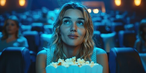 woman watching movie in cinema, eating popcorn. ai generated