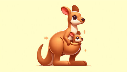3D Caricature Kangaroo Mother with Baby in Pouch, Warm Brown 3D Caricature Kangaroo Mother and Joey, Cute 3D Kangaroo Caricature with Baby in Pouch