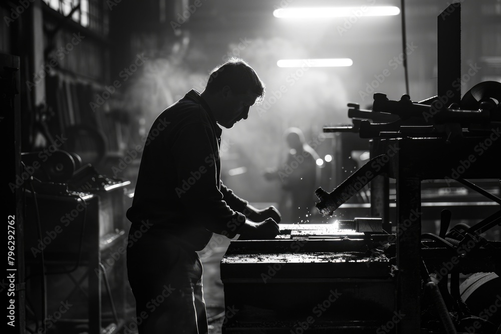 Aufkleber a man working in a factory with a hammer. suitable for industrial and manufacturing concepts