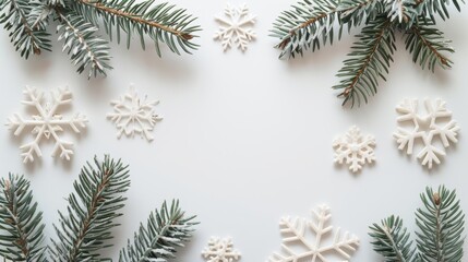 Festive christmas background with spruce branch and snowflakes frame, ideal for adding text