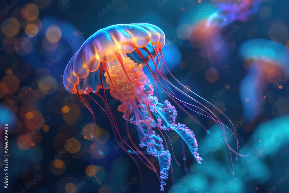 Poster a group of jellyfish floating in the water. perfect for marine life concepts