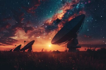 In a tranquil setting, a network of telescopes gently accesses the sky, controlled with a light heart, evoking a dreamy atmosphere 8K , high-resolution, ultra HD,up32K HD