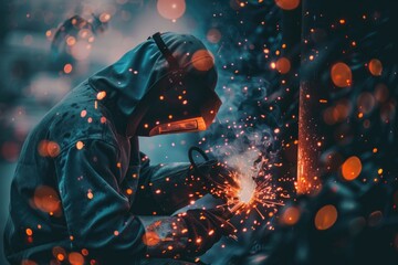 A man in a hoodie welding a piece of metal. Suitable for industrial and construction concepts - obrazy, fototapety, plakaty