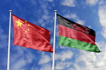 3d illustration. China and Malawi Flag waving in sky. High detailed waving flag. 3D render. Waving...