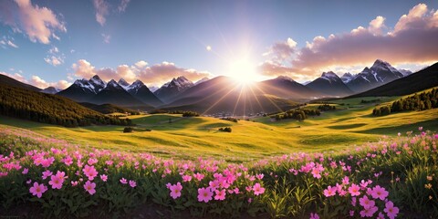 Beautiful mountain spring alpine landscape.Flower fields. Sun rays on the blue sky.Panorama of grassy meadows.