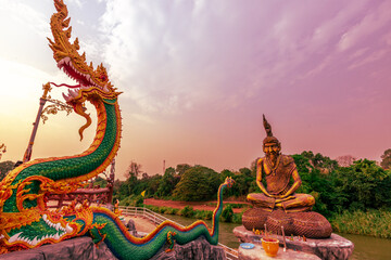 The background of the Naga statue in Wat Kaeng Khoi (Naka Cave) inside the cave has artistic beauty...