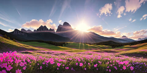 Beautiful mountain spring alpine landscape.Flower fields. Sun rays on the blue sky.Panorama of...